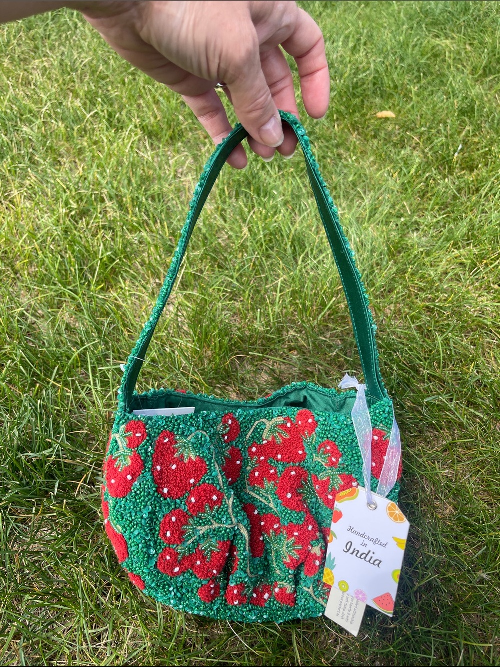 Handcrafted Green Beaded Bag Strawberry Mini Shoulder Bag! Viral bag TikTok